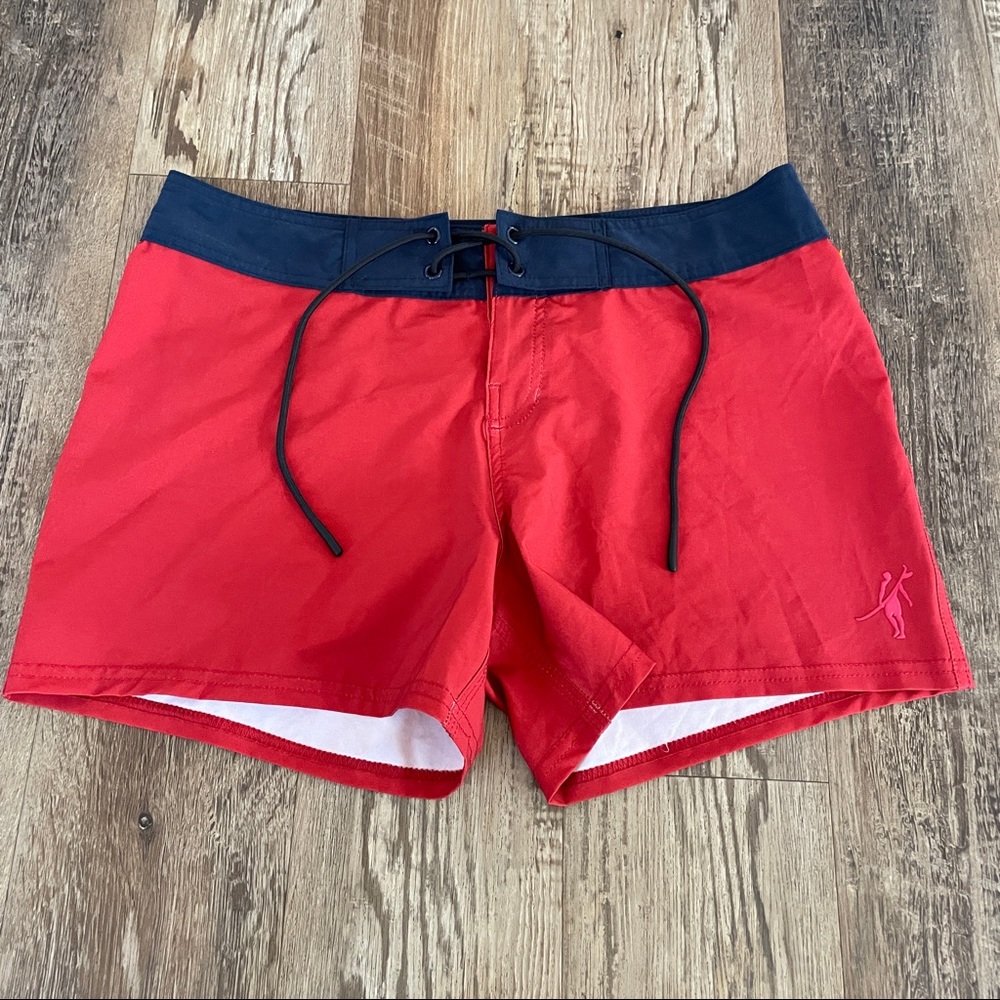 Women’s Red Swim Shorts with Navy Waistband